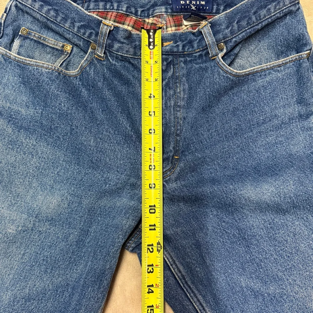 Men's Eddie Bauer Straight Jeans 38x32 Blue with Red Plaid Lining